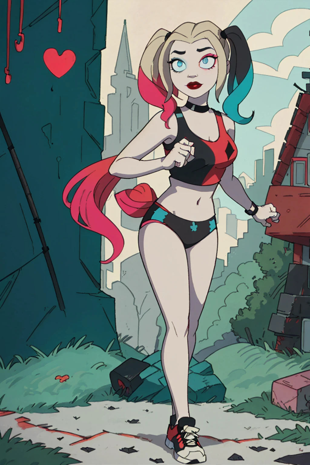 (Harley Quinn, harleyquinn:1.0), blonde pigtails with blue and pink ends, blue eyes, red lipstick, pink and blue eye shadow, heart on cheek, (half red and black crop top tank top, red and black underwear:1.2), sneakers with pom pom, black necklace, pale white skin, (full-body-shot:1), (Cowboy-shot:1.2),neon lighting, dark romantic lighting, (highly detailed:1.2),(detailed face:1.2), (gradients), colorful, detailed eyes, (detailed landscape:1.2), (natural lighting:1.2),(detailed background),detailed landscape, (cute pose:1.2), 