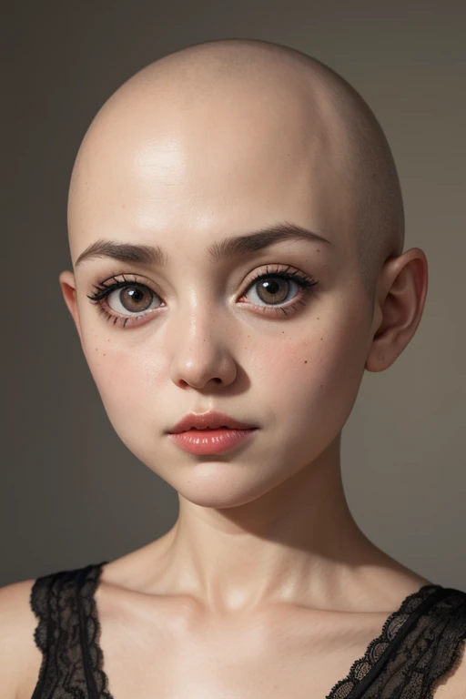 doll, big eyes, face, bald, portrait, close up, skin details, hyper realism