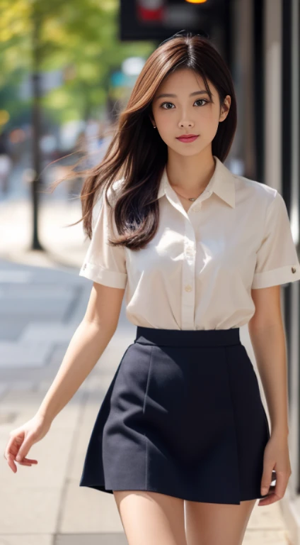 1 Japanese beauty, hair ribbon, Depth of the bounds written, first person perspective, f/1.8, 135mm, Nikon, FWB, retina,, Accurate, anatomically correct, delicate white skin, Super detailed, Super detailed, advanced details, high quality, 最high quality, High resolution, hard disk, 4k, 8K, 8K,OL uniform、office lady、career woman、medium breasts、Office lady in her 20s、Office lady walking the streets of Ginza、short skirt、perfect proportions、constricted body、thin waist、Natural light、Perfect Shading、background is blurry