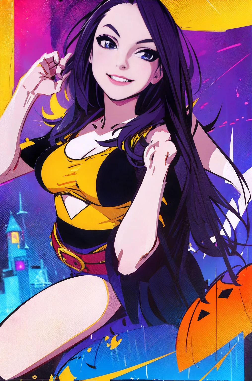 image of a sexy, sensual style enjinight as raven in bright colors realistic retro art style, vector for t-shirt print, dynamic background, Halloween themed witch style, with raven designs