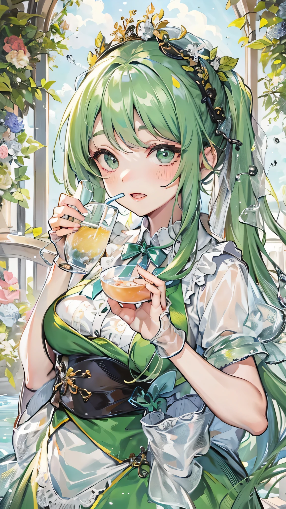 perfect anatomy, masterpiece:1.4, best quality, 16k, beautiful detailed grow, profile (rest style) (Drink a glass of water, hand holding glass), break, (solo ponytail green hair long hair cute girl, (( yo)), sweaty skin, soft smile), (in a Summer maid costume), break, in the summer enchanted garden.