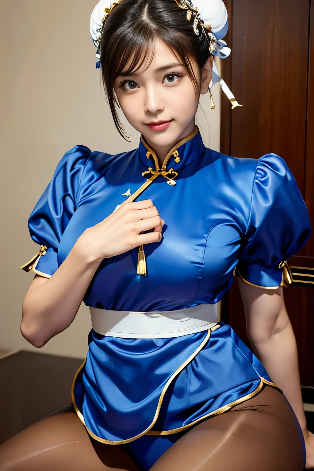 Chun-Li from Street Fight II,perfect chun li costume,blue cheongsam with gold lines,Bun head,Good cover,fighting pose,masterpiece、1 beautiful girl、fine eyes、puffy eyes、highest quality, 超High resolution, (reality: 1.4), movie lighting、Japanese、asian beauty、Korean、super beautiful、beautiful skin、body turns forward、close up of face、(超reality的な)、(High resolution)、(8K)、(very detailed)、(美しくfine eyes)、(Super detailed)、 (wall-)、detailed face、bright lighting、professional lighting、looking at the viewer、Look straight ahead、slanted bangs、Nogizaka Idol、korean idol、masterpiece, highest quality, masterpiece, highest quality, perfect face, perfect brown eyes with white sclera, Bad move - 5, alone, 1 girl, Upper body, brown hair, From SF2, Chinese service, smile, muscular woman, blue clothes, pantyhose, pelvic curtain, Plump short sleeves, Good cover, sash, evaluation:safety