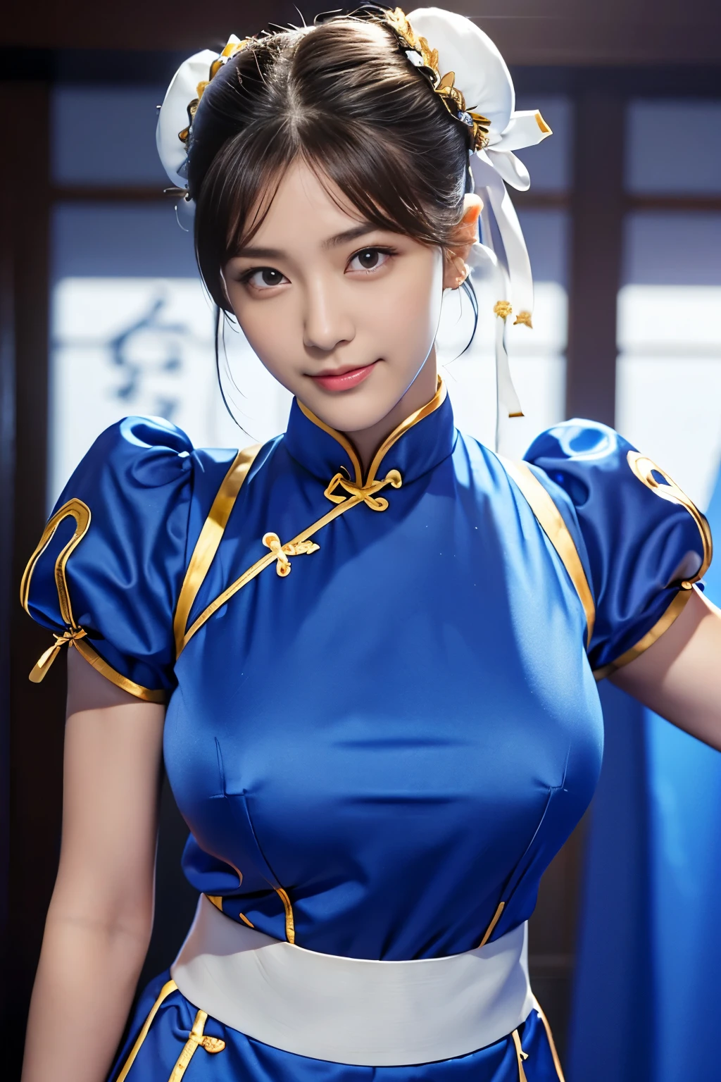 Chun-Li from Street Fight II,perfect chun li costume,blue cheongsam with gold lines,Bun head,Good cover,fighting pose,masterpiece、1 beautiful girl、fine eyes、puffy eyes、highest quality, 超High resolution, (reality: 1.4), movie lighting、Japanese、asian beauty、Korean、super beautiful、beautiful skin、body turns forward、close up of face、(超reality的な)、(High resolution)、(8K)、(very detailed)、(美しくfine eyes)、(Super detailed)、 (wall-)、detailed face、bright lighting、professional lighting、looking at the viewer、Look straight ahead、slanted bangs、Nogizaka Idol、korean idol、masterpiece, highest quality, masterpiece, highest quality, perfect face, perfect brown eyes with white sclera, Bad move - 5, alone, 1 girl, Upper body, brown hair, From SF2, Chinese service, smile, muscular woman, blue clothes, pantyhose, pelvic curtain, Plump short sleeves, Good cover, sash, evaluation:safety