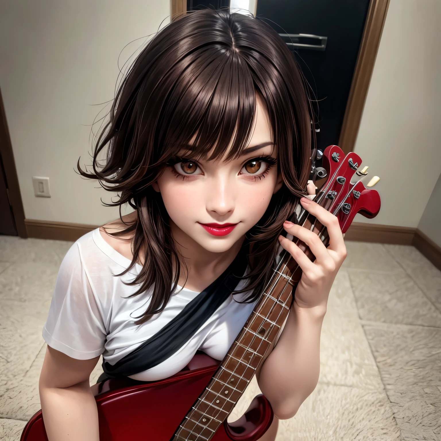 1 girl, (realistic body), bright lips, red lipstick, evil smile, ((brown eyes, bright eyes, beautiful expressive brown eyes)), (realistic eyes), eyeliner, (black hair, messy hair, short hair), (realistic hair), (average breasts: 1.1), short shirt, cargo pants, bass guitar, Realism, cinematic lighting, masterpiece, best quality, high resolution, high detail, textured skin, anatomically correct, 8K