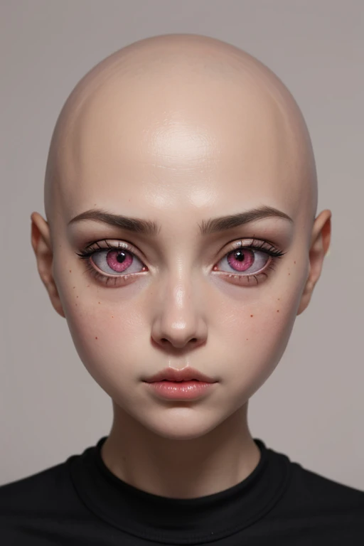 doll, pink eyes, big eyes, face, bald, portrait, close up, skin details, hyper realism