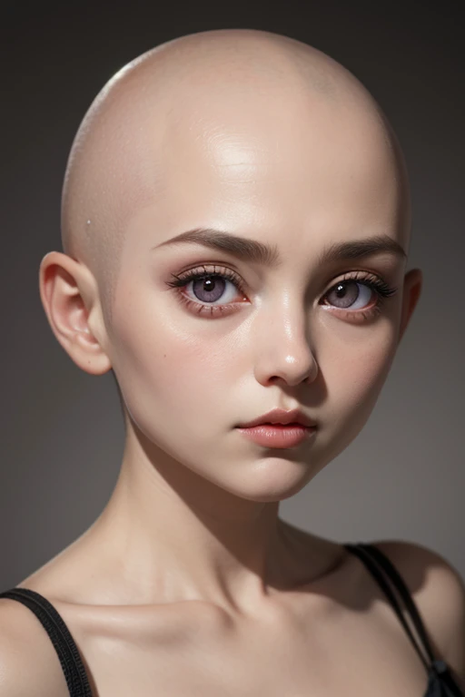doll, pink eyes, big eyes, face, bald, portrait, close up, skin details, hyper realism