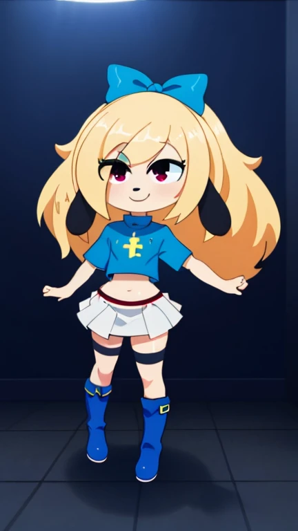 1girl,blue dog ears blue dress White socks black shoes black eyes blonde hair blue bow grin, BREAK, team rocket uniform, (logo on shirt:1.25), white jacket, white skirt, thighhigh boots, midriff, (glowing eyes:1.25), masterpiece, best quality, extremely detailed, highly quality, 4k, sharp focus, professional, sharp focus, award winning, cinematic lighting, octane render, unreal engine, volumetrics dtx, Wallpaper,