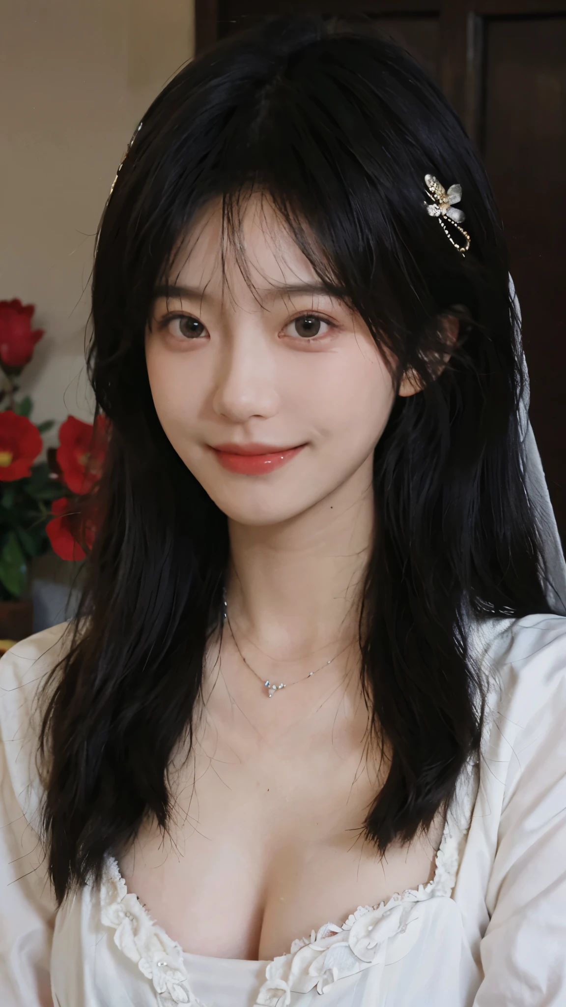 best quality， ultra high resolution， （realistically：1.4），cute hairpin，Baoyu Girl，Standing in the wedding hall，（flat chest：1.2） ，A pair of clear and charming peach blossom eyes,Royal sister，The sun shines on the face，Big wavy hairstyle，（necklace：1.2），（White skin：1.4），a sense of atmosphere，a beautiful girl， Smile，Looking directly at the viewer， Close-up cleavage ，(lifelike:1.4),1 girl,Sexy,(Upper body:1.4),(wet),(:1.2)