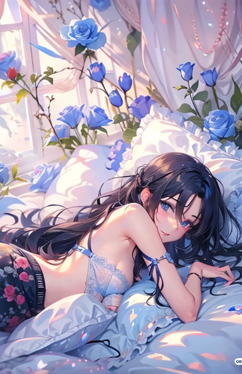 ((highest quality)), ((masterpiece)), (get used to it), perfect face , beautiful girl , beautiful long black hair , beautiful blue eyes , In underwear ,  Blue roses scattered , lying on the bed ,