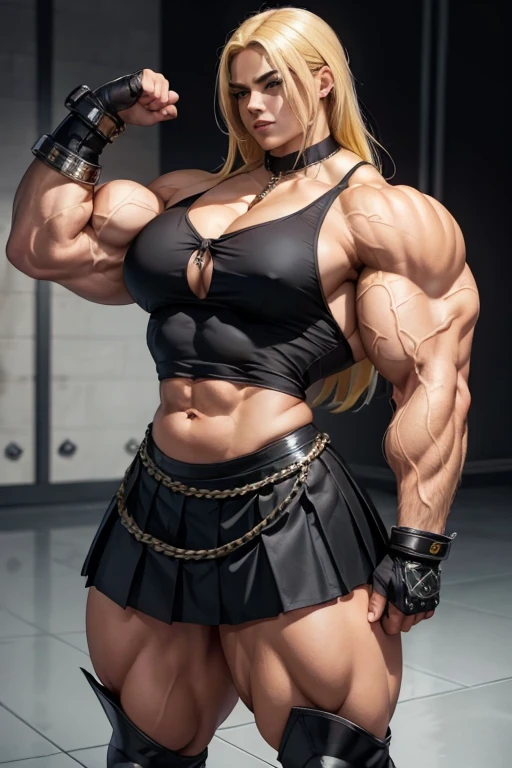 ((((Massive, tall, beautiful, buff, light brown skinned muscular with yellow hair, black lipstick, ginormous bulky muscles, wearing a black tied blouse with pleated skirt and tie)))), close view, (black lipstick), massive muscle, massive biceps, hyper muscle shoulders, (ginormous muscle arms), hyper muscle triceps, (flowing long hair), gray eyes, choker, (chain belt), black boots, (chained gauntlets), (fingerless gloves), (standing in a dark school), sensual glare, night, hyper vascular arm, hyper muscles arms, hyper muscle legs, (ginormous arms).