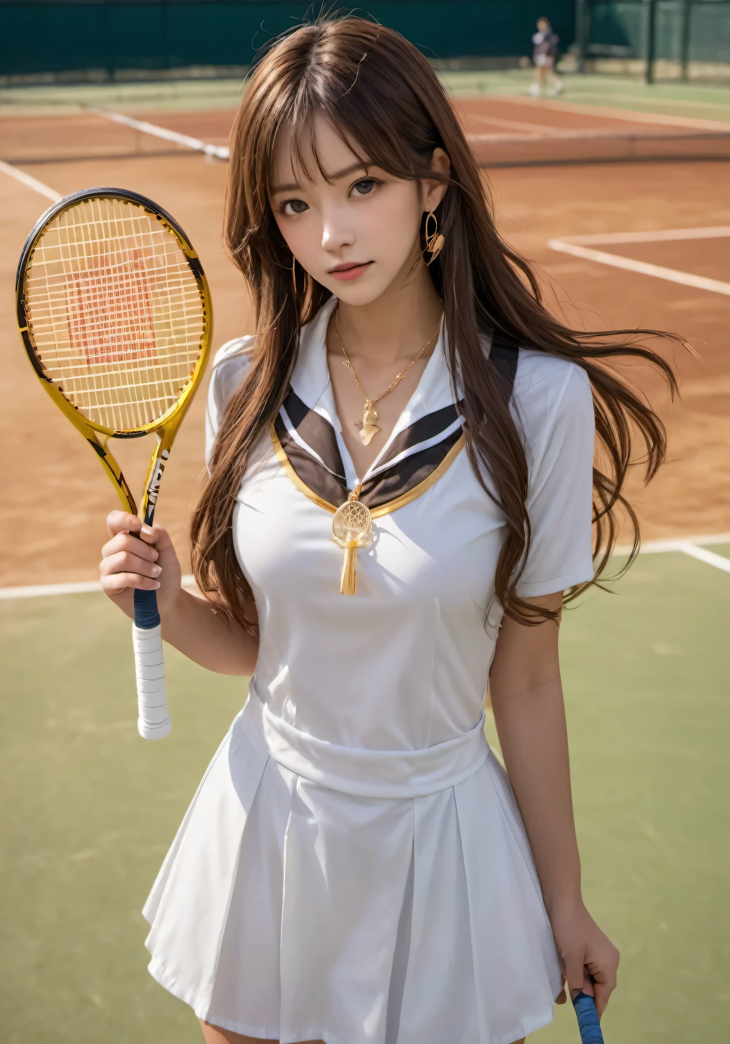 hotograph, disorganized, High resolution, super detailed, maid girl,:d,((Hair with loose waves inside:1.2)),((gold necklace_Large earrings:1.2)),((Super long brown hair:1.2))((Tennis costume (((tennis field))), outside:1.3)),((look down at the viewer,from below:1.5)),