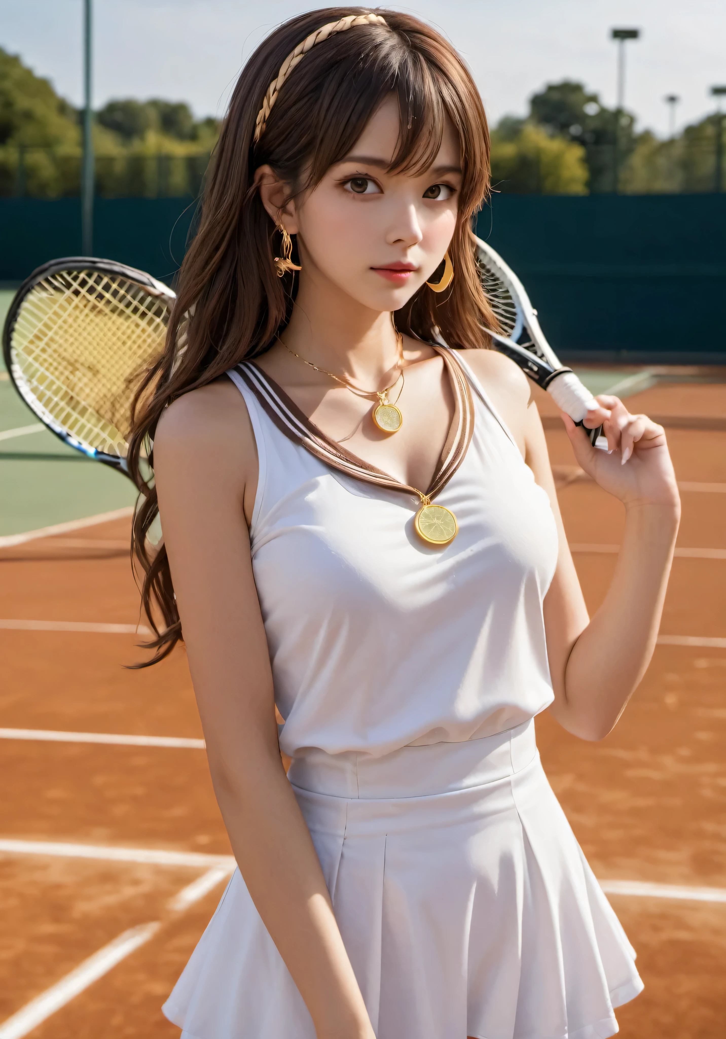 hotograph, disorganized, High resolution, super detailed, maid girl,:d,((Hair with loose waves inside:1.2)),((gold necklace_Large earrings:1.2)),((Super long brown hair:1.2))((Tennis costume (((tennis field))), outside:1.3)),((look down at the viewer,from below:1.5)),