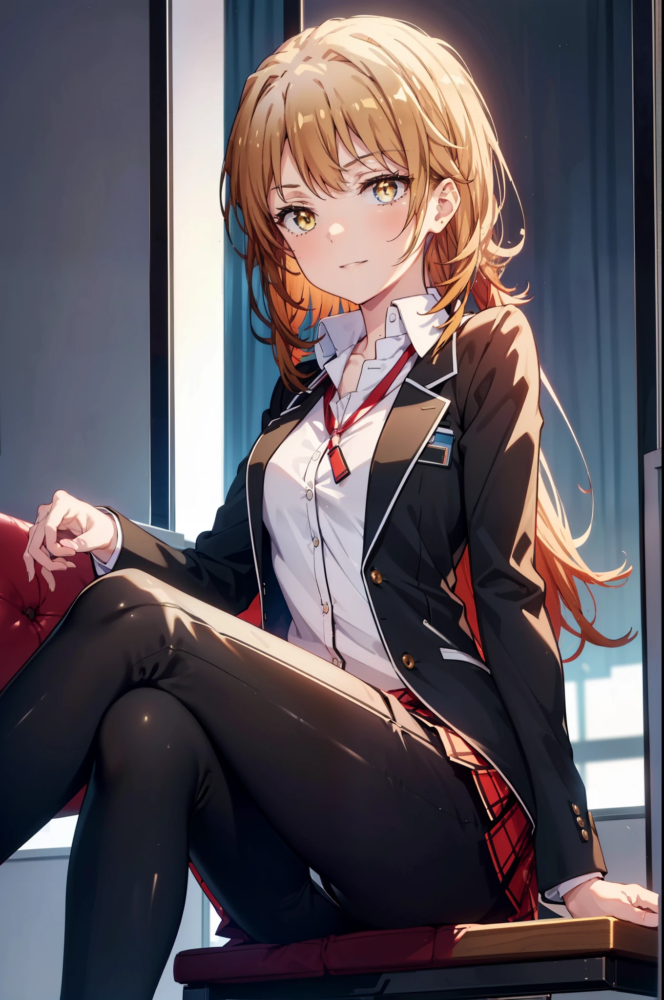 irohaisshiki, iroha isshiki, long hair, brown hair, (brown eyes:1.5), happy smile, smile, open your mouth,OL, red glasses,ponytail,short braided hair, black suit jacket, collared jacket, white dress shirt, collared shirt, neckline, button, strap, ID card on neck, black pencil skirt, black pantyhose, stiletto heels,There is a computer on the desk.,sitting cross-legged on a chair,interior,noon,Clear skies,window Building district,
break indoors, office,
break looking at viewer,(cowboy shot:1. 5)
break (masterpiece:1.2), highest quality, High resolution, unity 8k wallpaper, (figure:0.8), (detailed and beautiful eyes:1.6), highly detailed face, perfect lighting, Very detailed CG, (perfect hands, perfect anatomy),