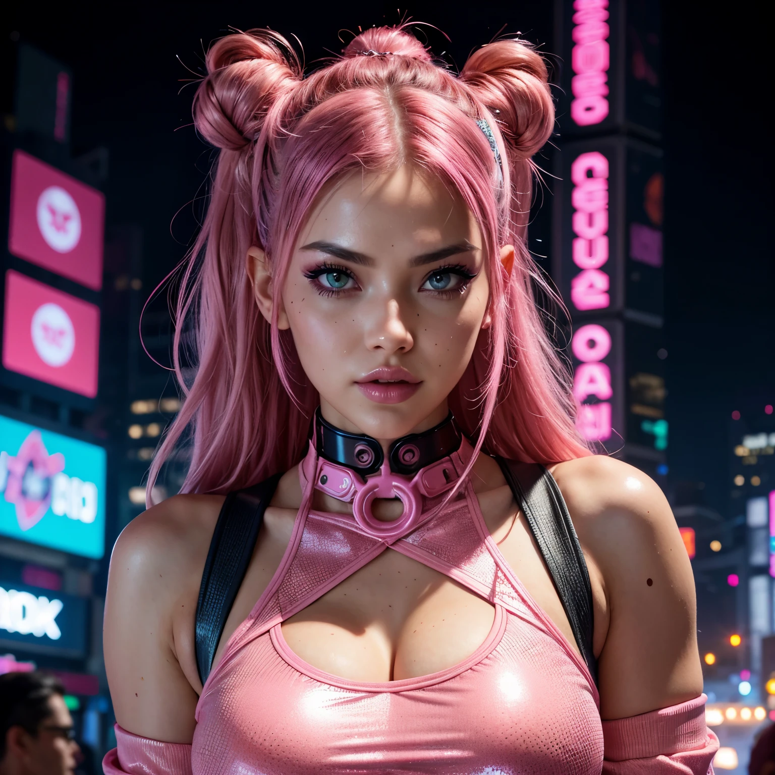 a very cute face, wearing pink cyberpunk outfit, detailed pink outfit, detailed body (reality: 1.4), (A hyper-realistic), (high resolution), (8K), (highly detailed), ( Best Illustration), (detailed eyes), (ultra-detailliert), Bright lighting, Professional Lighting, The background is cyberpunk city.