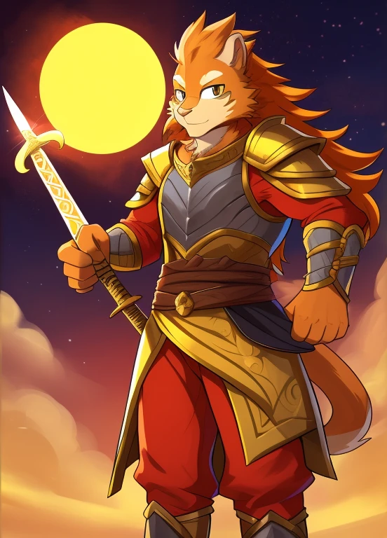 there is a cartoon of a monkey holding a sword, buizel and human fusion, sun wukong, wukong, varguyart style, wearing golden cat armor, coloured lineart, colored lineart, fursona furry art commission, long haired humanoid fursona, commission for high res, colored sketch, long trunk holding a wand, furry art!!!