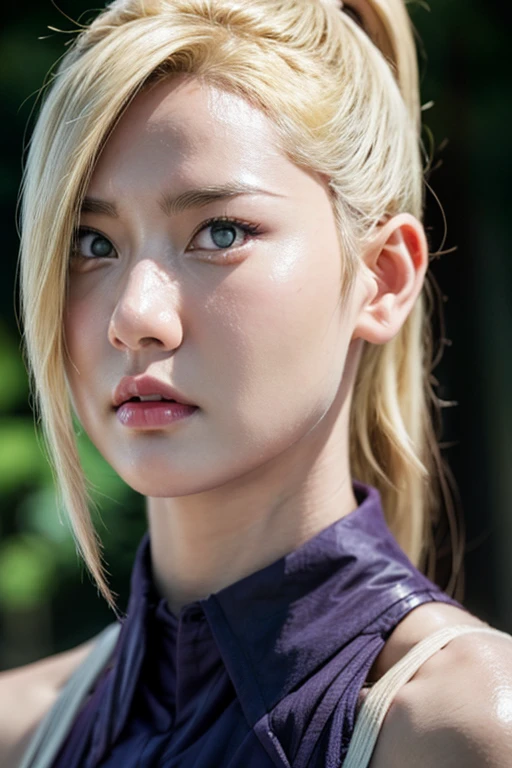 Real life adaption of this character,Asian teen beauty , realistic same hair, realistic outfit, realistic light, realistic shadow, hyper realistic, realism, realistic background,(photorealistic:1.2). Ino / Ino Yamanaka (Ino Yamanaka) / [Boruto: Naruto Next Generation, 1girl, blonde hair, hair ornament, bare shoulders, closed mouth, green eyes, ponytail, hairclip, hair over one eye, best quality ,ultra Higd ,detail realistic ,sceneHDR pro