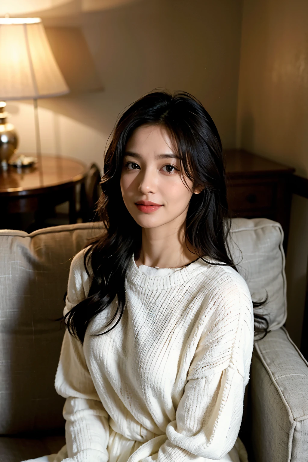 Woman in her forties, radiant and full of life, sits comfortably on a plush sofa. She wears a pristine white lab coat, its sleeves neatly rolled up. Her shoulder-length hair cascades down in soft waves, framing her face. Her warm, nurturing presence is accentuated by the calming softness of the room under the gentle glow of the nearby table lamp.