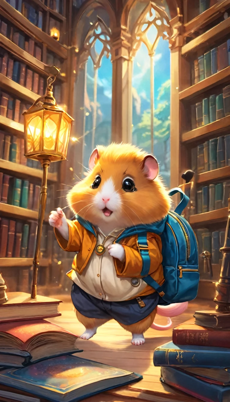 (一只hamster,cartoon) wear (adventure set,Outdoor adventurer clothing) stand in front (magic library,Library full of books,magic的书架,mystery收藏). hamster和一个 (Explorer backpack,Adventure Backpack) on its back. The library is full (mystery古籍,A magnum opus of magic,Engaging reel,manuscript) There is still one (big chandelier,magic chandelier) hanging from ceiling, Cast soft (warm light,magic light) on site. hamster&#39;Her eyes sparkled with curiosity，Look around in awe. Hamster excitedly embarks on a magic adventure, Get ready to uncover the secrets hidden in the library books. The colors in the scene are::: (a vibrant,magic,rich), if you have any suggestions (mystery,ethereal) The color palette creates a charming atmosphere. The image should be (best quality,high resolution,Super detailed), Every thread and page is carefully rendered.