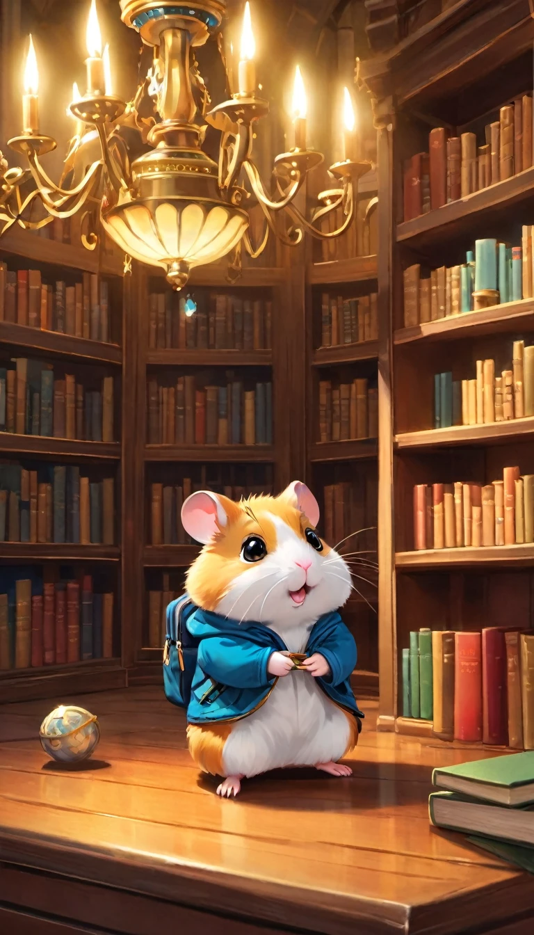 (一只hamster,cartoon) wear (adventure set,Outdoor adventurer clothing) stand in front (magic library,Library full of books,magic的书架,mystery收藏). hamster和一个 (Explorer backpack,Adventure Backpack) on its back. The library is full (mystery古籍,A magnum opus of magic,Engaging reel,manuscript) There is still one (big chandelier,magic chandelier) hanging from ceiling, Cast soft (warm light,magic light) on site. hamster'Her eyes sparkled with curiosity,Look around in awe. Hamster excitedly embarks on a magic adventure, Get ready to uncover the secrets hidden in the library books. The colors in the scene are::: (a vibrant,magic,rich), if you have any suggestions (mystery,ethereal) The color palette creates a charming atmosphere. The image should be (best quality,high resolution,Super detailed), Every thread and page is carefully rendered.