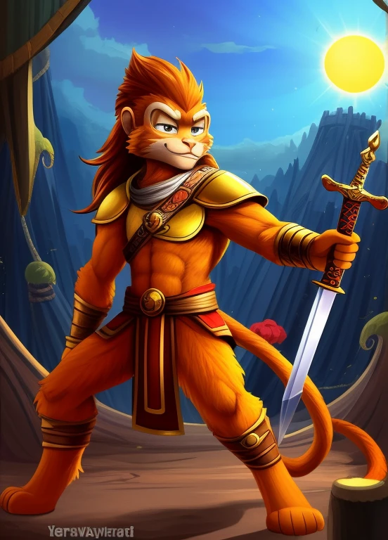 there is a cartoon of a monkey holding a sword, concept art inspired by Yerkaland, deviantart contest winner, furry art, buizel and human fusion, sun wukong, wukong, varguyart style, wearing golden cat armor, coloured lineart, colored lineart, fursona furry art commission, long haired humanoid fursona