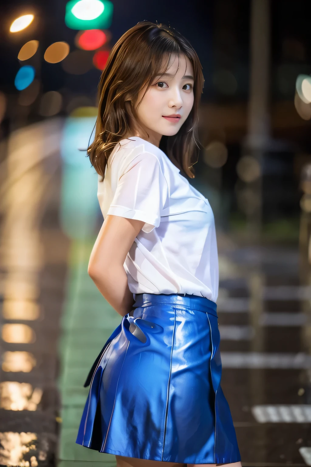 highest quality, masterpiece, high detail, 16K quality, beautiful , Light brown short hair, Light brown beautiful eyes, (15 year old girl:1.5), Voluptuous big breasts, she is looking at the camera, A dreamy look,shy smile、Outstanding style like a model、(Rainy night:1.2), walk, city lights, delicate face, Wet Organza Shirt, Wet Organza Skirt