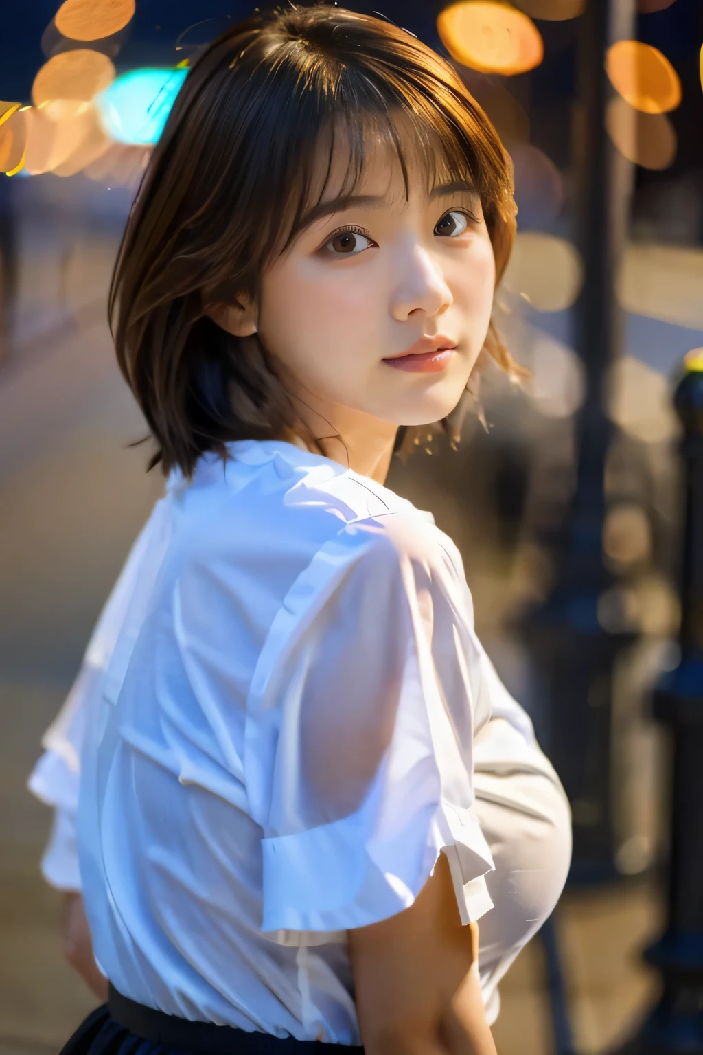 highest quality, masterpiece, high detail, 16K quality, beautiful , Light brown short hair, Light brown beautiful eyes, (15 year old girl:1.5), Voluptuous big breasts, she is looking at the camera, A dreamy look,shy smile、Outstanding style like a model、(Rainy night:1.2), walk, city lights, delicate face, Wet Organza Shirt, Wet Organza Skirt