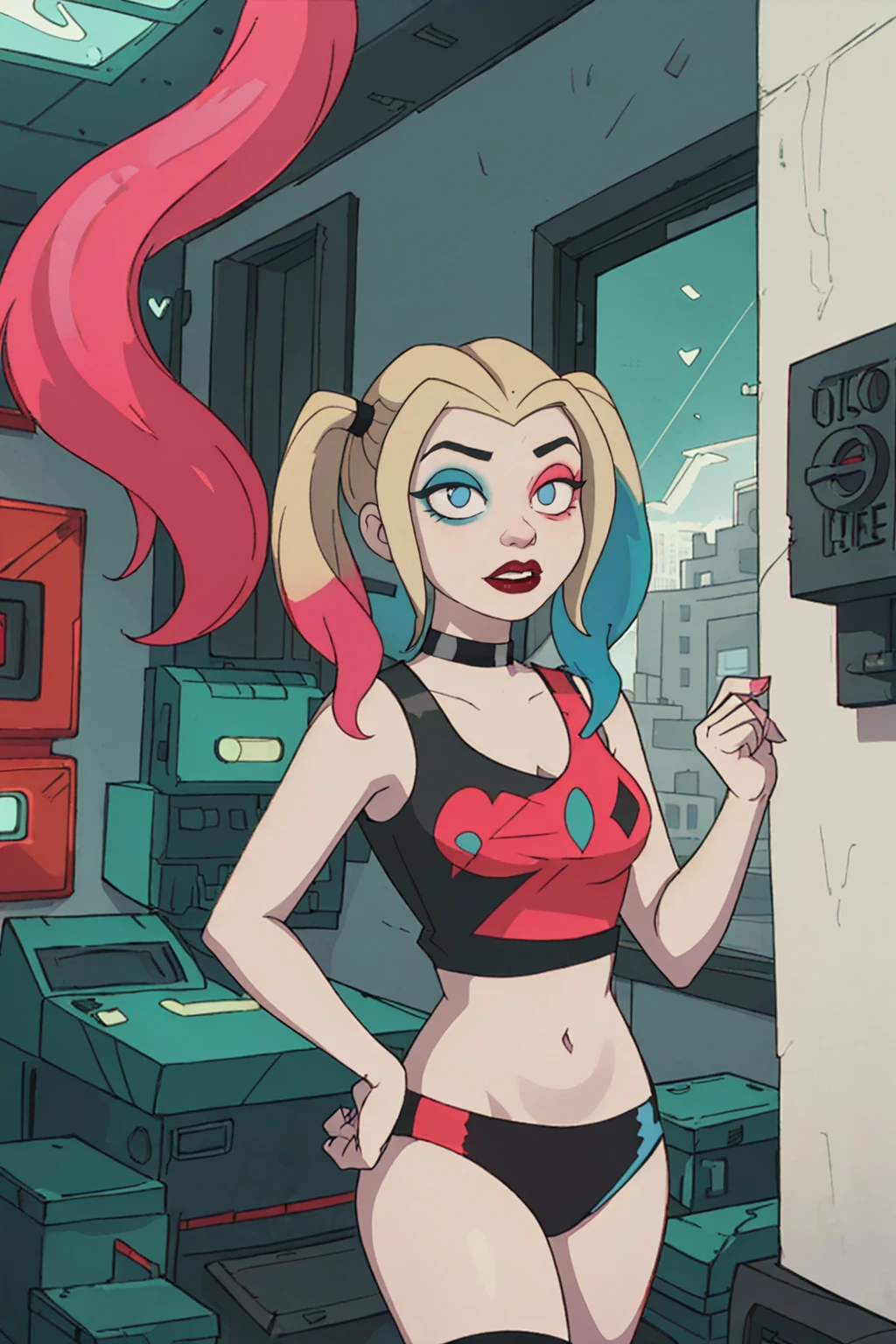 (Harley Quinn, harleyquinn:1.0), blonde pigtails with blue and pink ends, blue eyes, red lipstick, pink and blue eye shadow, heart on cheek, (half red and black crop top tank top, red and black underwear:1.2), sneakers with pom pom, black necklace, pale white skin, (full-body-shot:1), (Cowboy-shot:1.2),neon lighting, dark romantic lighting, (highly detailed:1.2),(detailed face:1.2), (gradients), colorful, detailed eyes, (detailed landscape:1.2), (natural lighting:1.2),(detailed background),detailed landscape, (cute pose:1.2), 