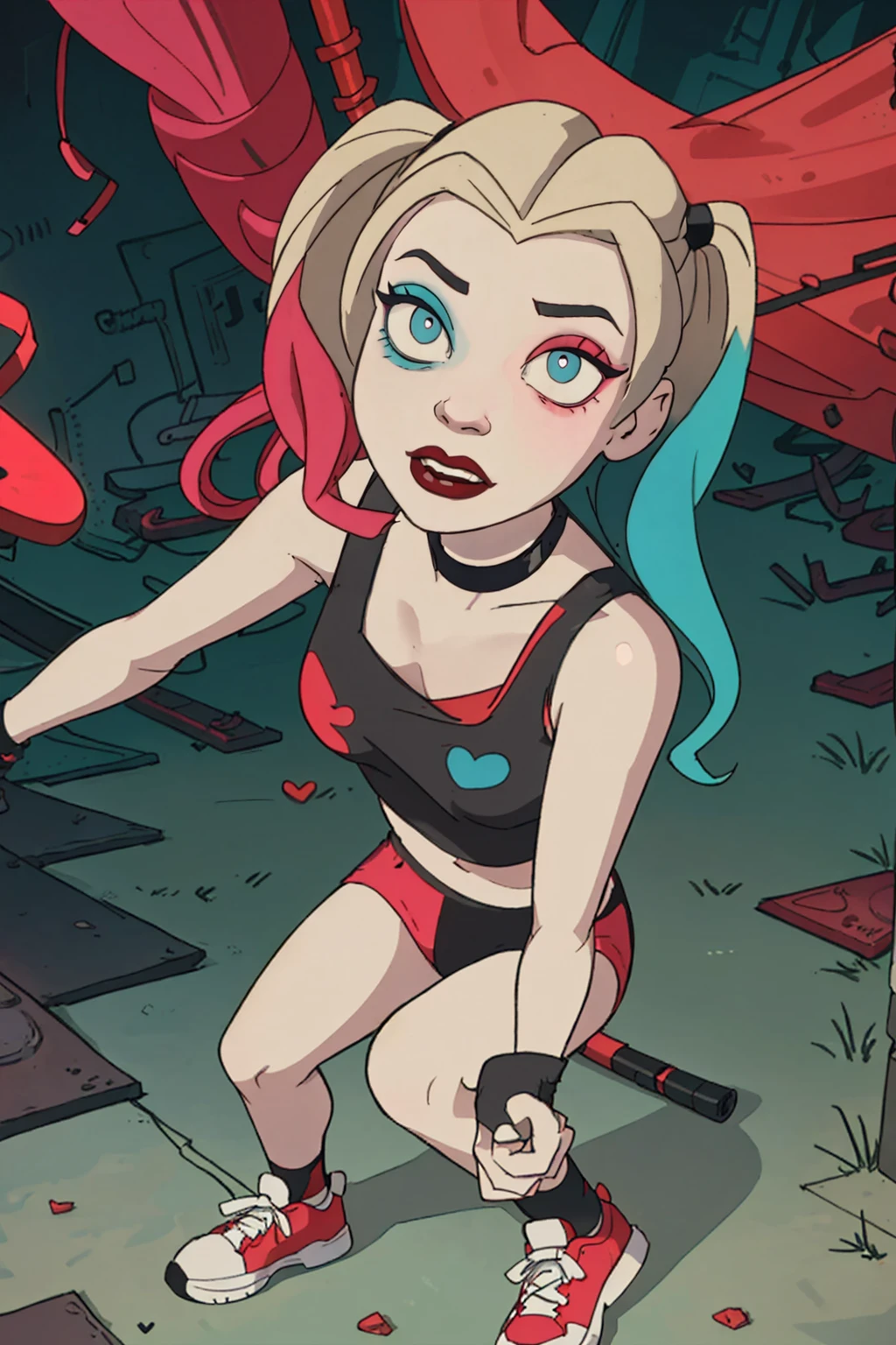 (Harley Quinn, harleyquinn:1.0), blonde pigtails with blue and pink ends, blue eyes, red lipstick, pink and blue eye shadow, heart on cheek, (half red and black crop top tank top, red and black underwear:1.2), sneakers with pom pom, black necklace, pale white skin, (full-body-shot:1), (Cowboy-shot:1.2),neon lighting, dark romantic lighting, (highly detailed:1.2),(detailed face:1.2), (gradients), colorful, detailed eyes, (detailed landscape:1.2), (natural lighting:1.2),(detailed background),detailed landscape, (cute pose:1.2), 