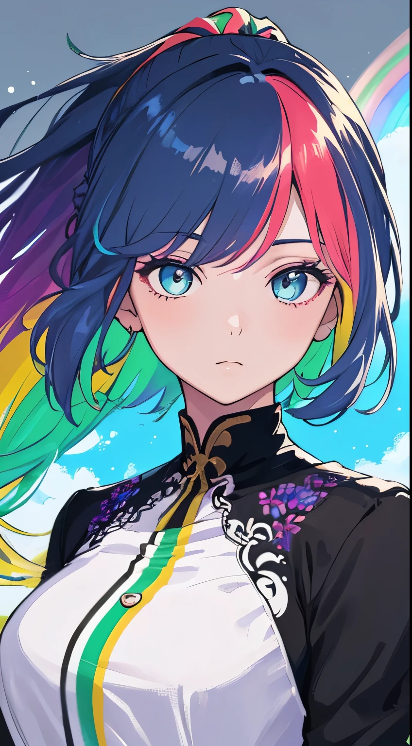 (masterpiece), (best quality), (ultra detailed)(short hair),(illustration), (1girl), (Fashionable clothing), standing, Fashion model, looking at viewer, (interview), (simple background),beautiful detailed eyes, delicate beautiful face, Floating,(high saturation),(colorful splashes),colorful bubble,(shining), focus on face, ponytail, kamisato ayaka, light blue hair, bangs, hair ring, floating flowers, floating hairs, (shining), best lighting, best shadow,(Colorful hair: 1.8), (hair colours of the rainbow: 1.8),(((((vertical painting:1.6))), (painting:1.6)