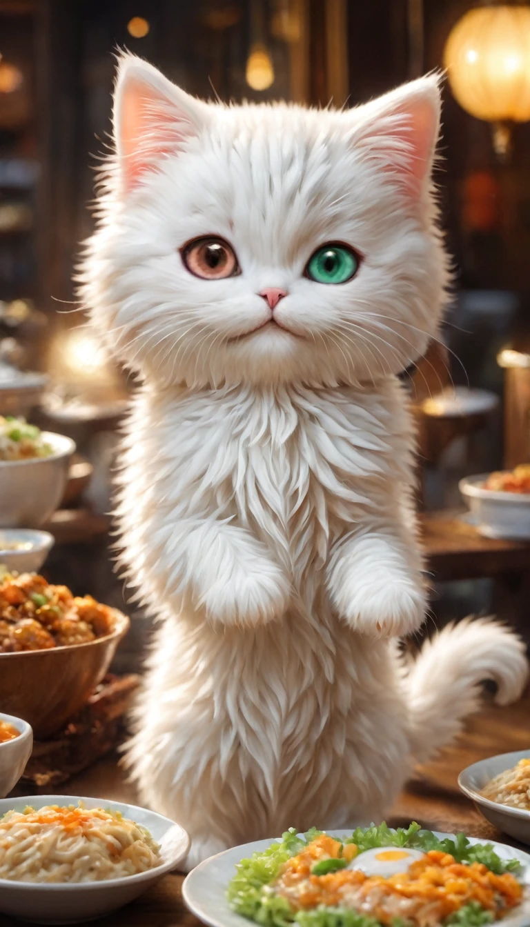 (with small steps、in the middle of meal、heterochromatic eyes),,cute little,masterpiece,top quality,Hairy,,joy,anatomically correct,,fantasy,Cat,with small steps,heterochromatic eyes