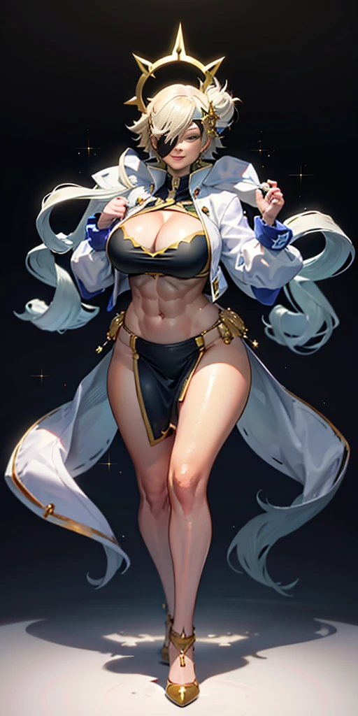 (masterpiece, high quality: 1.1) 1girl full body standing good face, nice ass, hairstyle: braid, Color Hair: White long hair, Blindfolded: NO EYES, Skin: White (porcelain skin, sparkly skin), muscular, thighs, mature woman, abs, looks at the viewer smiling, extremely huge breasts, maternal, chest cover with clothes