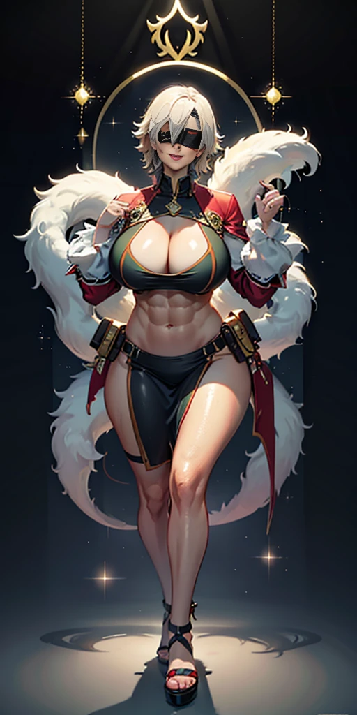 (masterpiece, high quality: 1.1) 1girl full body standing good face, nice ass, hairstyle: braid, Color Hair: White long hair, Blindfolded: NO EYES, Skin: White (porcelain skin, sparkly skin), muscular, thighs, mature woman, abs, looks at the viewer smiling, extremely huge breasts, maternal, chest cover with clothes