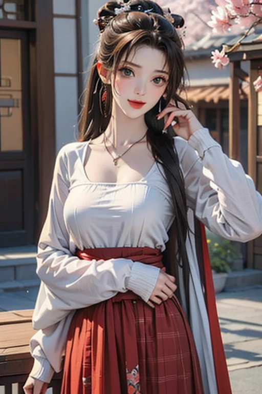 ((on the table, highest quality, High resolution, North African Free Trade Area, pixel perfect, Depth of the bounds written, 4k, North African Free Trade Area, North African Free Trade Area))), 1 girl, single, alone, beautiful anime girl, beautiful art style, anime character, ((long hair, bangs, brown hair)), ((green eyes:1.4, round eyes, beautiful eyelashes, realistic eyes)), ((detailed face, blush:1.2)), ((smooth texture:0.75, lively texture:0.65, lively:1.1, Anime CG style)), ((medium breasts, Split, full)), dynamic angle, perfect body, ((view, selfie pose, portrait)), ((white sweater, long sleeve, black skirt, plaid skirt, Snazzy, 1 handbag, 1 diamond necklace)), smile, open your mouth, amusement park, ((cherry blossoms, cherry blossomsが散る))