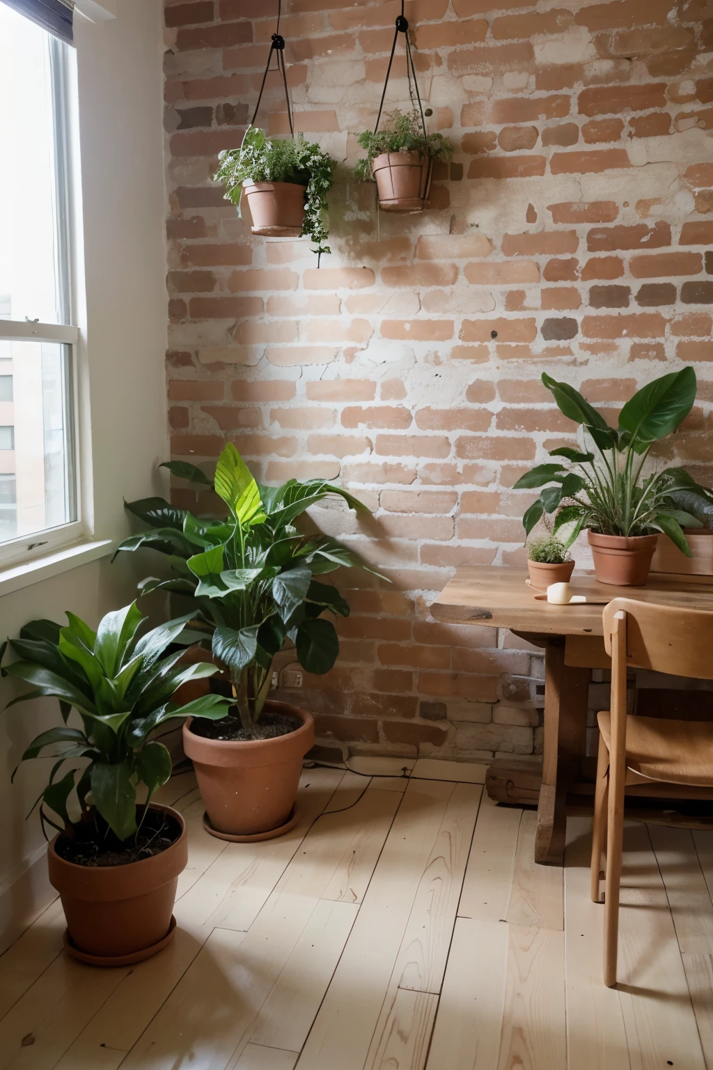Create a backdrop with bricks and plants