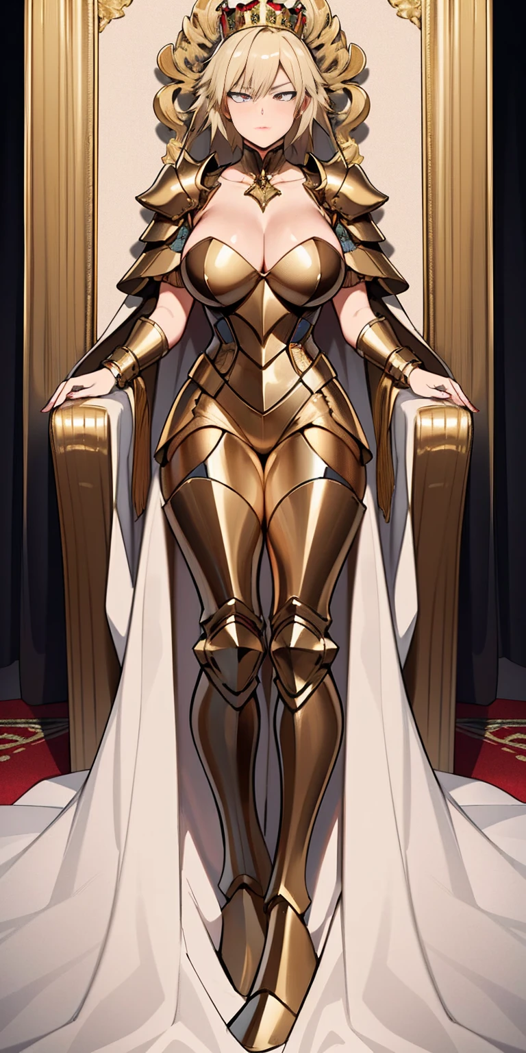 masterpiece, Best quality, ultra detailed, full length, 1 arrogant woman, queen, blonde hair, in royal women&#39;s steel plate armor with a pronounced chest and decorated with gold, standing in the throne room, fantasy world