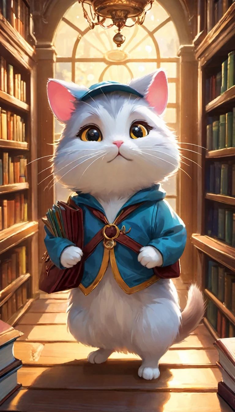 (A cat,cartoon) wear (adventure set,Outdoor adventurer clothing) stand in front (magic library,Library full of books,magic的书架,mystery收藏). hamster和一个 (Explorer backpack,Adventure Backpack) on its back. The library is full (mystery古籍,A magnum opus of magic,Engaging reel,manuscript) There is still one (big chandelier,magic chandelier) hanging from ceiling, Cast soft (warm light,magic light) on site. hamster&#39;Her eyes sparkled with curiosity，Look around in awe. Hamster excitedly embarks on a magic adventure, Get ready to uncover the secrets hidden in the library books. The colors in the scene are::: (a vibrant,magic,rich), if you have any suggestions (mystery,ethereal) The color palette creates a charming atmosphere. The image should be (best quality,high resolution,Super detailed), Every thread and page is carefully rendered.