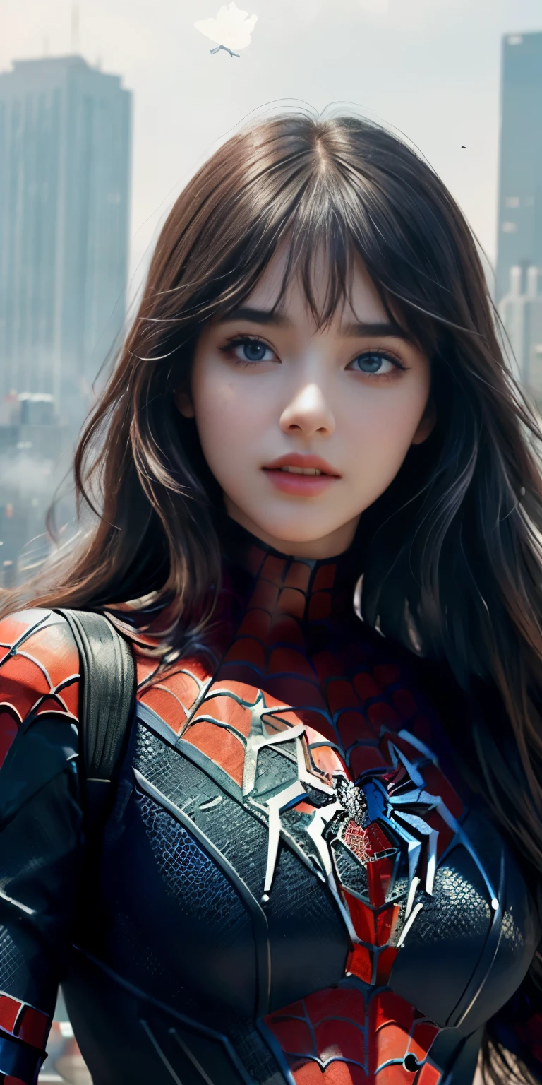 (1girl:1.3), Solo, (((Very detailed face)))), ((Very detailed eyes and face)))), Beautiful detail eyes, Body parts__, Official art, Unified 8k wallpaper, Super detailed, beautiful and beautiful, beautiful, masterpiece, best quality, original, masterpiece, super fine photo, best quality, super high resolution, realistic realism, sunlight, full body portrait, amazing beauty, dynamic pose, delicate face, vibrant eyes, (from the front), She wears Spider-Man suit, red and black color scheme, spider, very detailed city roof background, rooftop, overlooking the city, detailed face, detailed complex busy background, messy, gorgeous, milky white, highly detailed skin, realistic skin details, visible pores, clear focus, volumetric fog, 8k uhd, DSLR, high quality, film grain, photo realism, lomography, futuristic dystopian megalopolis, translucent,long black hair, bangs