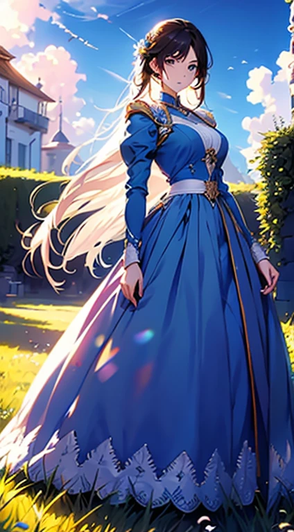 Woman in white dress,Blue sky and clouds in the background, wearing a blue dress,There are flowers blooming there, germ of art, Rosla Global Lighting, detailed picture, fantasy art