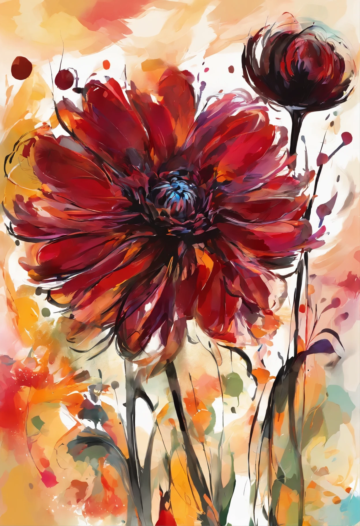 Dibuja una pintura abstracta de una sola flor.., flor de dalia de color rojo oscuro、usar pintura acrilica、Abstract artist known for his unique use of acrylic pouring., pinceladas reales，Aesthetic composition，Estilo minimalista, Powerful and dynamic hits.、Shape representing angry energy.、Crea obras de arte cautivadoras que capturen la esencia de la ira.、Dark red dahlias symbolize passion and strong emotions..、Expresar la fuerza y el calor de los sentimientos de ira.、 The main color combination of the work is made up of dark and intense tones..., Add moist compacted sand、Enhances the texture and tactile elements of your artwork。, Mientras miras esta imagen, you、Interaction of color and texture.、immerse yourself in the feeling of anger、guiado por la ira
