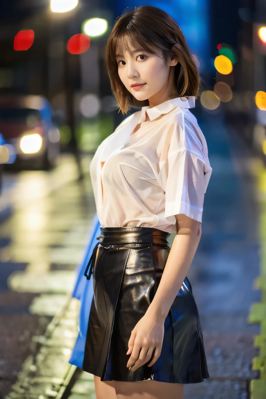 highest quality, masterpiece, high detail, 16K quality, beautiful , Light brown short hair, Light brown beautiful eyes, (20 year old girl:1.5), Voluptuous big breasts, she is looking at the camera, A dreamy look,shy smile、Outstanding style like a model、(Rainy night:1.2), walk, city lights, delicate face, Wet Organza Shirt, Wet Organza Skirt