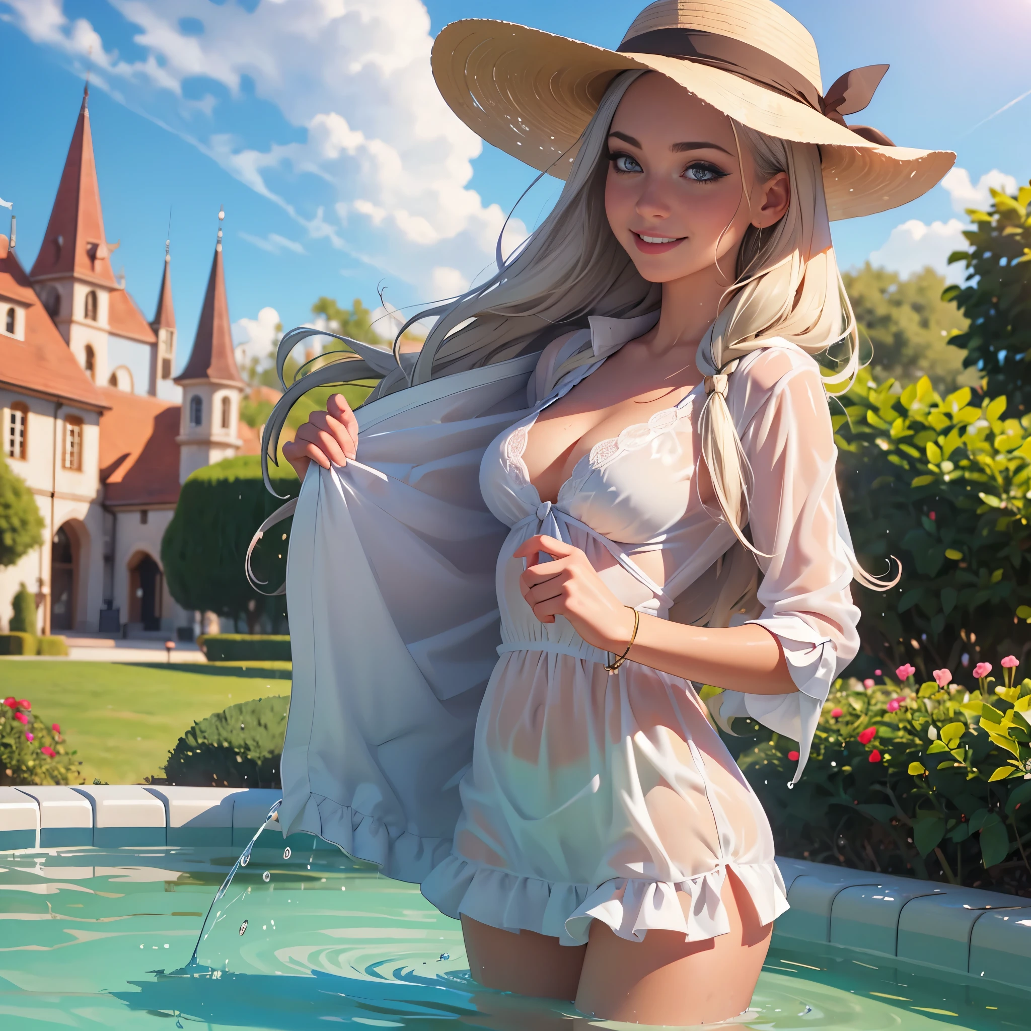 (masterpiece, 8k, best quality:1.2), in the fountain, solo, outdoor, 1girl, 27 yo european, pale skin, smile, looking at viewer, sun dress, woolen cardigan, hat, wet clothes, soaked, wet hair, wet skin, translucent, bright sunshine, soaked heavy clothes