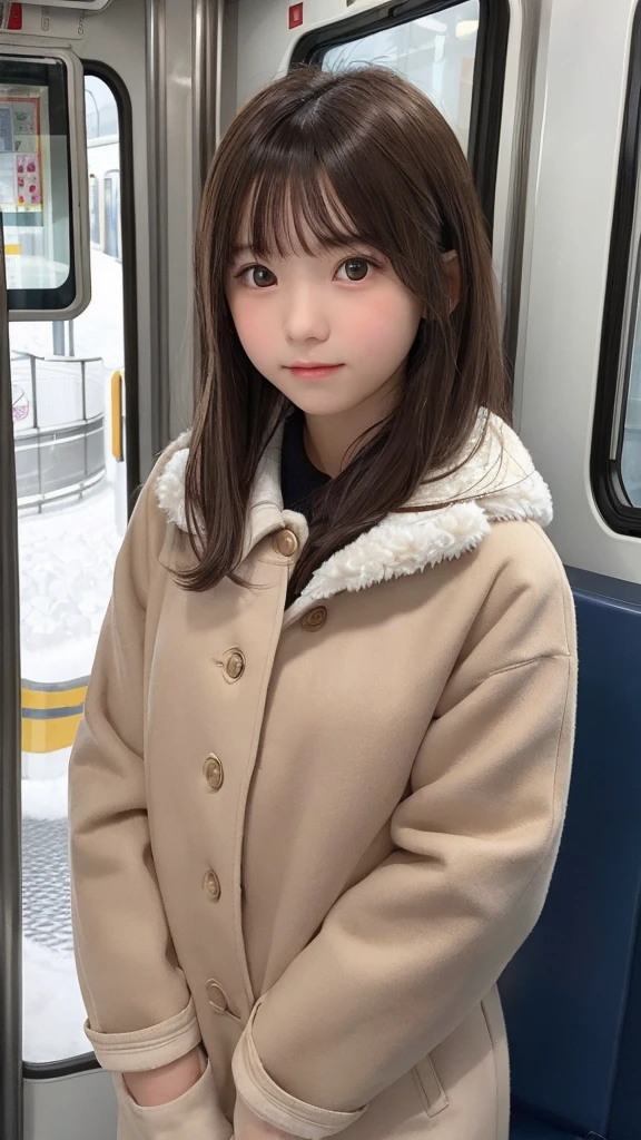 masterpiece, highest quality, one girl, (beautiful girl, delicate girl:1.3), (13 years old:1.3), very fine resolution, (symmetrical eyes:1.3), (Inside the train:1.2), (Winter Uniform:1.3), small breasts, brown eyes, parted bangs, brown hair, , (Eye and face details:1.0), (upper teeth, best smile:0.2)