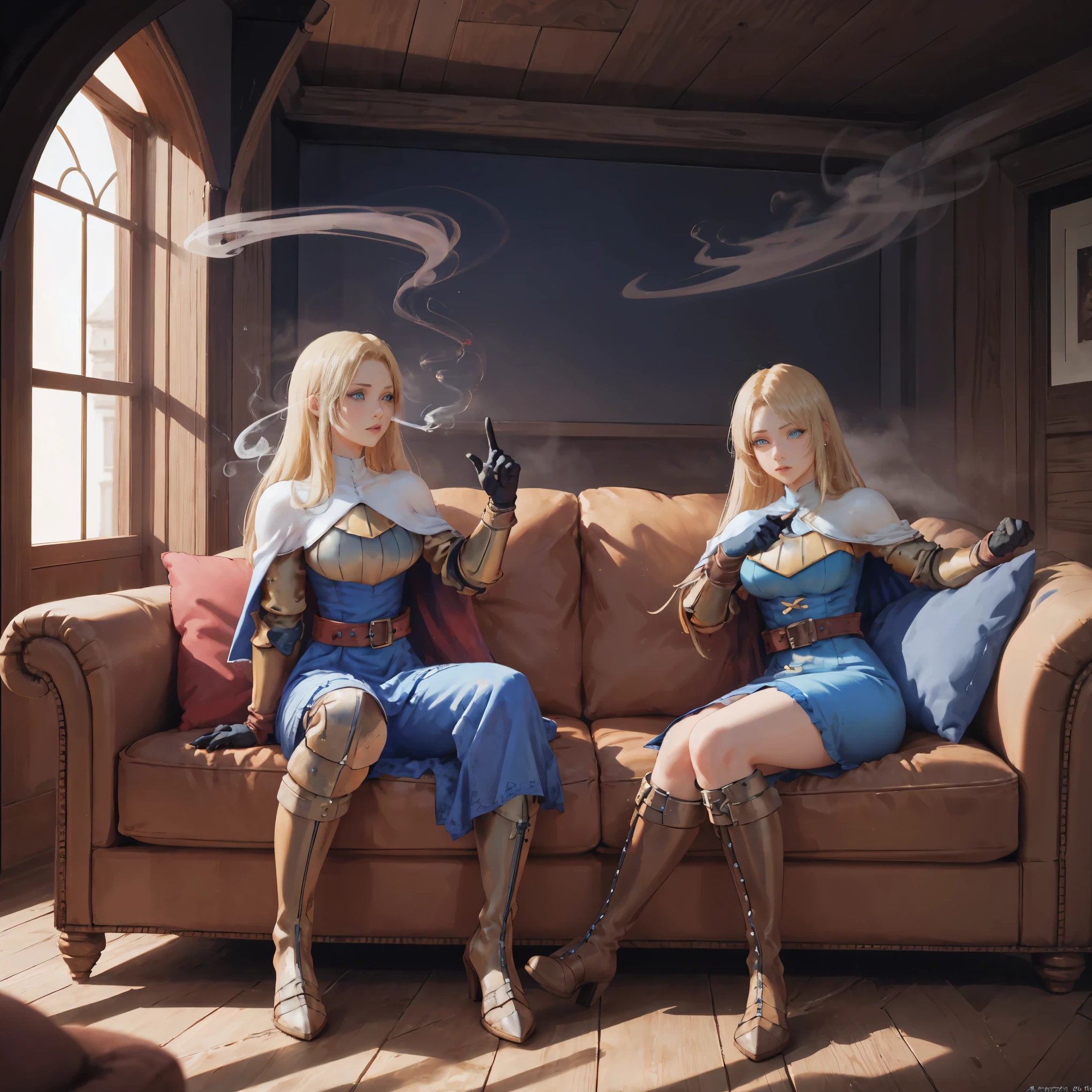 shadow clone, clone, ((smoke)), hand gesture, 5girls (Female Knight (Final Fantasy Tactics)), 1girl , indoor, sofa, pillows, buildings full body, long blonde hair, blue dress big belt knight outfit clothes Female Knight (Final Fantasy Tactics) (KnightFFT, long hair, blonde hair, blue eyes, cape, armor, blue dress, belt, gloves, boots,), hyuuga hinata sits on sofa, dark blue hair