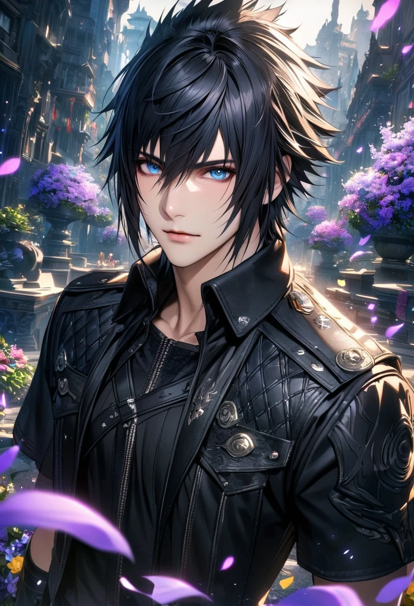 Ultra detailed, Highres, absurdres, HDR, Noctis Lucis Caelum, blue eyes, black hair, Final Fantasy XV, purple lightning, handsome, 1 man only, very detailed face and eyes, flowers and petals