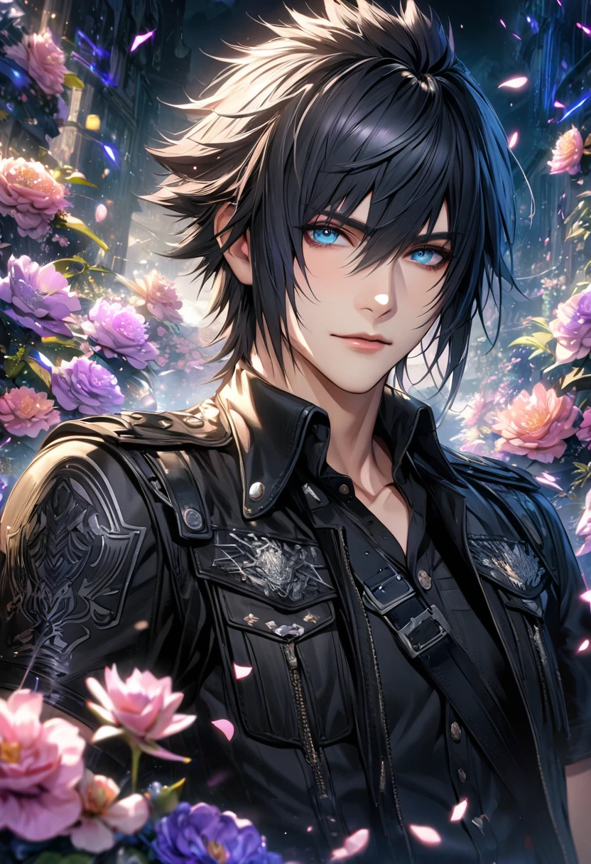Ultra detailed, Highres, absurdres, HDR, Noctis Lucis Caelum, blue eyes, black hair, Final Fantasy XV, purple lightning, handsome, 1 man only, very detailed face and eyes, flowers and petals