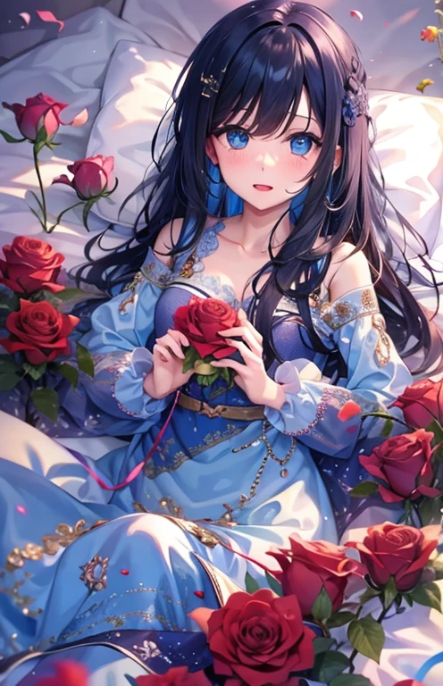 ((highest quality)), ((masterpiece)), (get used to it), perfect face , beautiful girl , beautiful long black hair , beautiful blue eyes , In underwear ,  Blue roses scattered , lying on the bed , Holding a rose ,