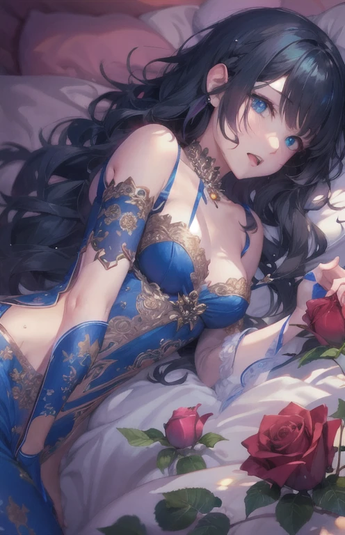 ((highest quality)), ((masterpiece)), (get used to it), perfect face , beautiful girl , beautiful long black hair , beautiful blue eyes , In underwear , Blue roses scattered , lying on the bed , Holding a rose ,