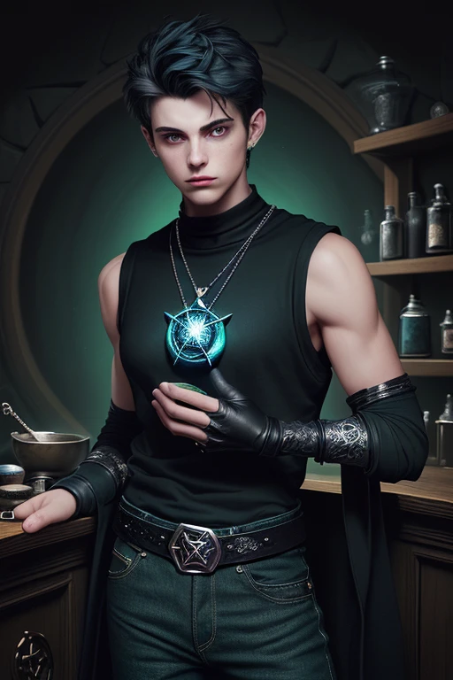 20 year old boy open dark green sweatshirt black shirt with cauldron print pentagram medallion black denim pants runic belt sleeveless gloves holding a shiny blue gem background of a potion shop