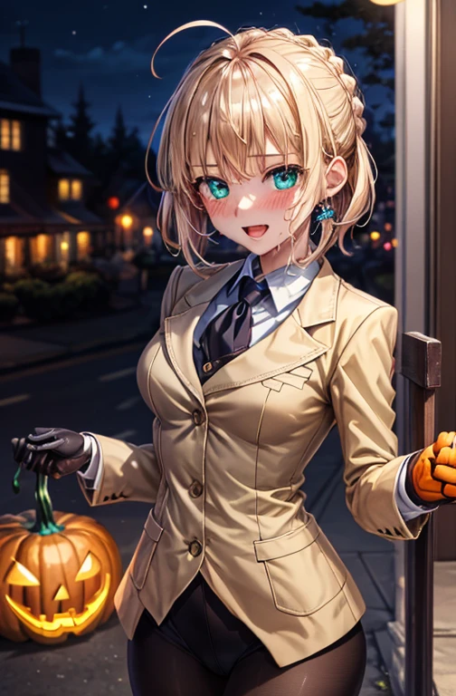 woman,************,,city,night,(((Beige blazer school uniform))),open mouth smile,((baby girl body shape)), 1 girl, Artoria Pendragon,destiny,aphrodisiac,Lie,Things to know,full of sweat,Wet Area, Areol, defenseless,embarrassing,please be shy,Knead the milk,Emphasis on milk,Len,breast milk, Knight King,Noble,ring,既婚woman, Pointing straight up, (highest quality:1.1), (masterpiece:1.4), (absurd:1.0), Portrait, Close-up, 1 girl、Momoberia Deviluke、hair ornaments、bob cut、short hair、emerald blue eyeedium chest、looking at the viewer、(blush:1.2)、embarrassed look、Mesh pantyhose、black background、long gloves、((Pumpkin lantern)), Striped pattern,