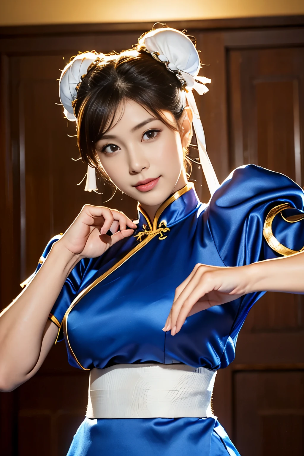 Chun-Li from Street Fight II,perfect chun li costume,blue cheongsam with gold lines,Bun head,Good cover,fighting pose,ハイkick,kick、raise your legs,masterpiece、1 beautiful girl、fine eyes、puffy eyes、highest quality, 超High resolution, (reality: 1.4), movie lighting、super beautiful、beautiful skin、body turns forward、(超reality的な)、(High resolution)、(8K)、(very detailed)、(美しくfine eyes)、(Super detailed)、 (wall-)、detailed face、bright lighting、professional lighting、looking at the viewer、Look straight ahead、slanted bangasterpiece, highest quality, masterpiece, highest quality, perfect face, perfect brown eyes with white sclera, Bad move - 5, alone, 1 girl, Upper body, brown hair, From SF2, Chinese service, smile, muscular woman, blue clothes, pantyhose, pelvic curtain, Plump short sleeves, Good cover, sash, evaluation:safety